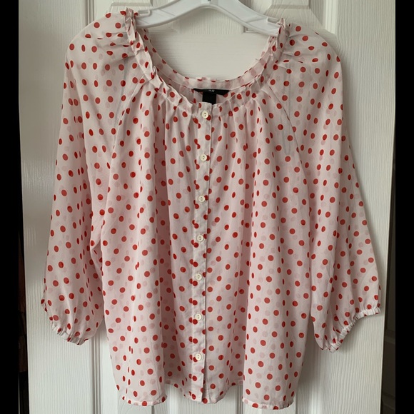 H&M Tops - H&M White Red Polka Dot Sheer Blouse Size 4 (H21)